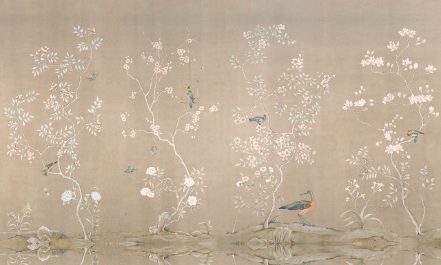 Birds flowers pond wall painting free wallpaper - medium preview image