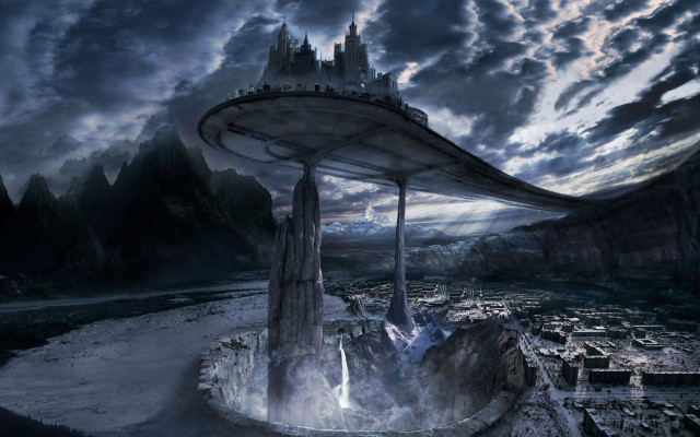 Futuristic city giant structure waterfall free wallpaper - medium preview image