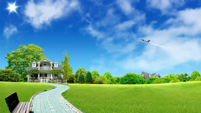 Bench grass field house bird free wallpaper - medium preview image