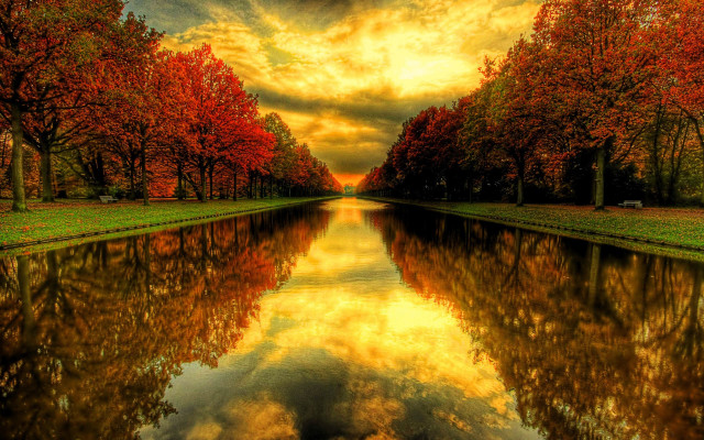 River trees clouds sunset reflection free wallpaper - medium preview image