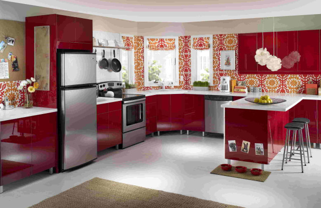 Kitchen red cabinets silver refrigerator free wallpaper - medium preview image