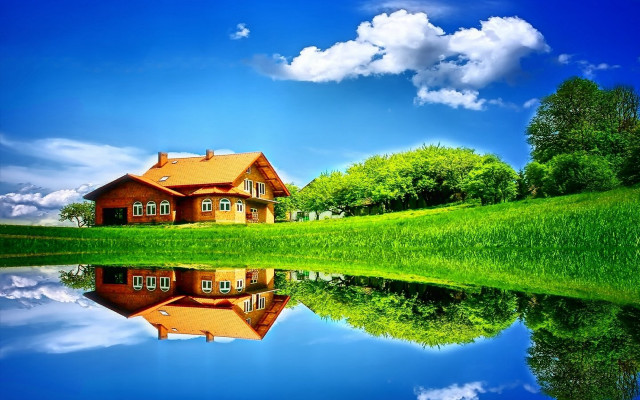 House reflection lake green field #4 free wallpaper - medium preview image