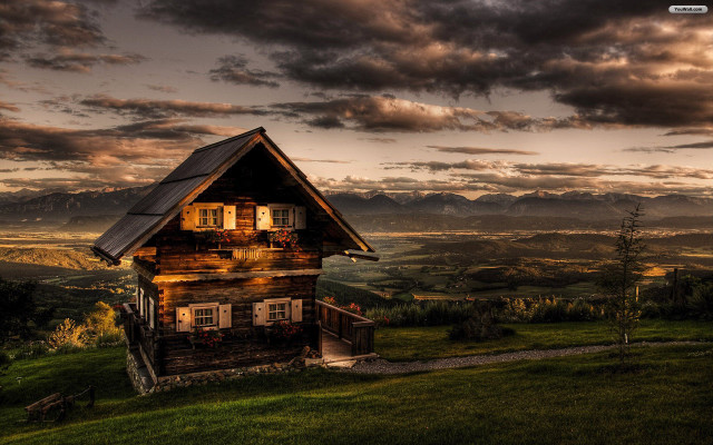 Cabin field mountains sunset clouds free wallpaper - medium preview image