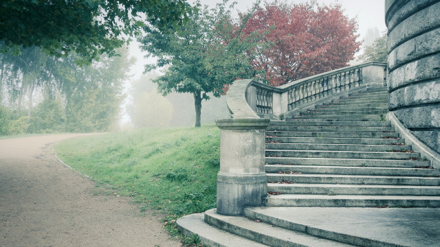 Stone staircase pillar tree foggy free wallpaper - medium preview image
