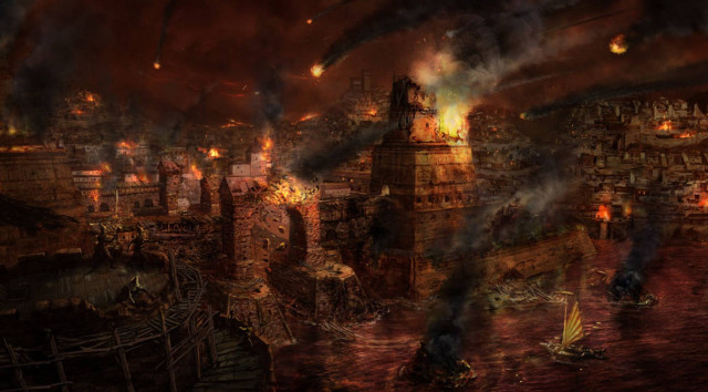 City smoke fire painting towers free wallpaper - medium preview image