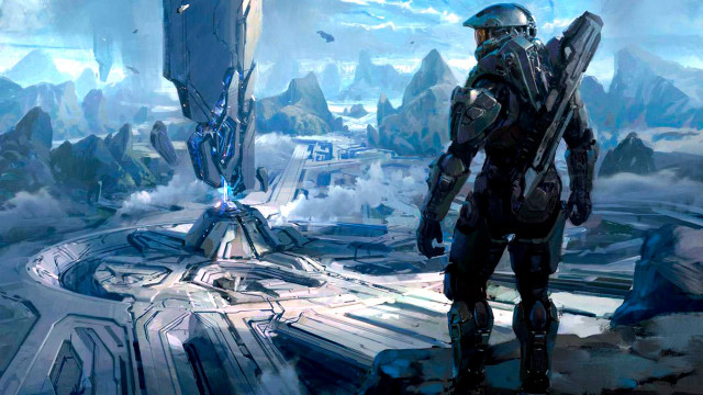 Man robot futuristic city mountains free wallpaper - medium preview image