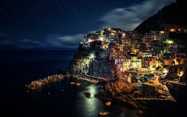 Night village cliff ocean bridge #3 free wallpaper - medium preview image