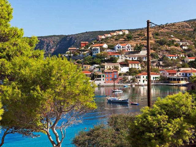 Boat village hillside trees bushes free wallpaper - medium preview image