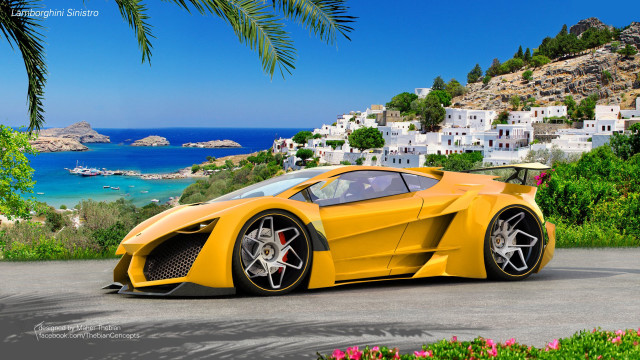 Yellow sports car beach town free wallpaper - medium preview image