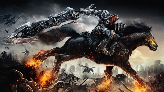 Man horse sword fire city free wallpaper - medium preview image