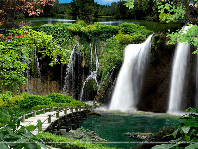 Waterfall bridge forest river nature free wallpaper - medium preview image