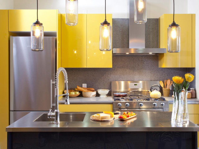 Kitchen yellow cabinets stainless steel free wallpaper - medium preview image