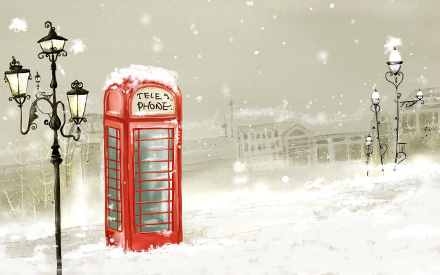 Red phone booth snow street free wallpaper - medium preview image
