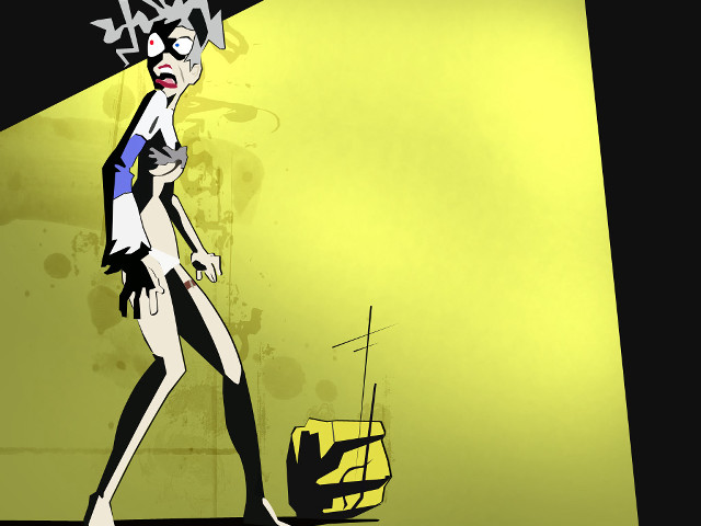 Cartoon woman walking street yellow free wallpaper - medium preview image