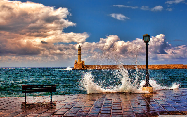 Lighthouse ocean bench brickwalkway stormy free wallpaper - medium preview image