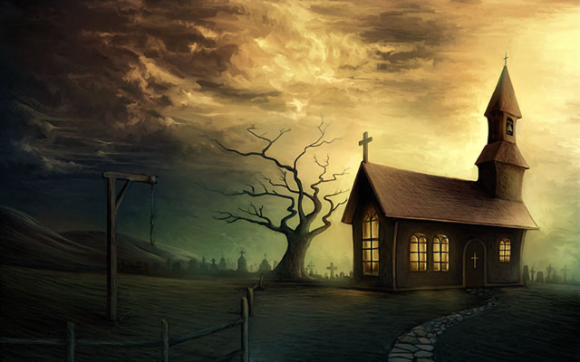 Church spooky landscape tree fence #2 free wallpaper - medium preview image