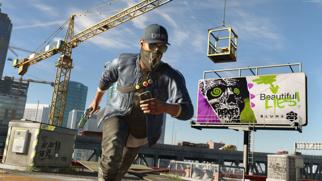 Man mask billboard crane building free wallpaper - medium preview image