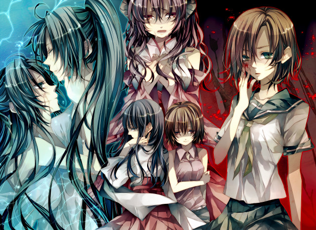 Anime girls red background lightning free wallpaper - medium preview image