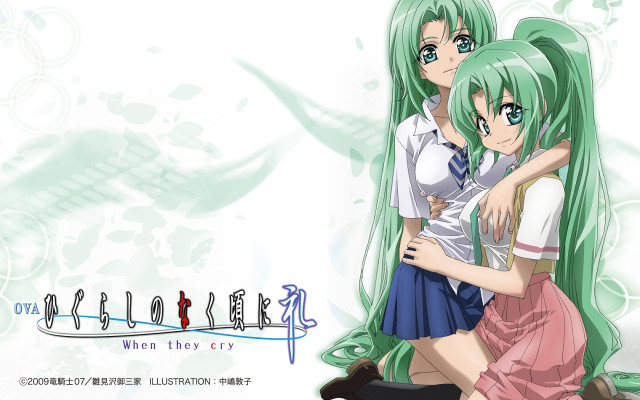 Anime girls hug green background free wallpaper - medium preview image