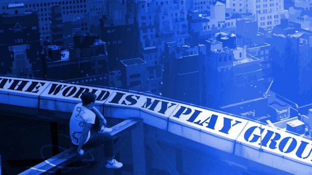 Man sitting ledged skateboard banner free wallpaper - medium preview image