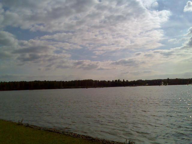 Lake boats clouds grassy shore free wallpaper - medium preview image