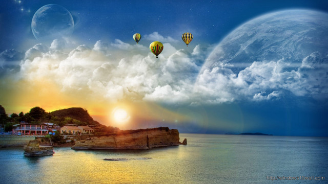 Sunset hotairballoons water town cliff #2 free wallpaper - medium preview image