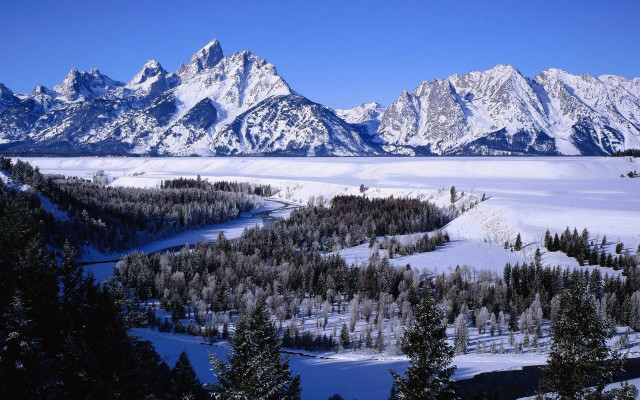 Snowy landscape mountains trees river free wallpaper - medium preview image