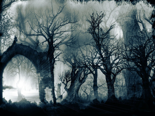 Creepy forest arch building painting free wallpaper - medium preview image