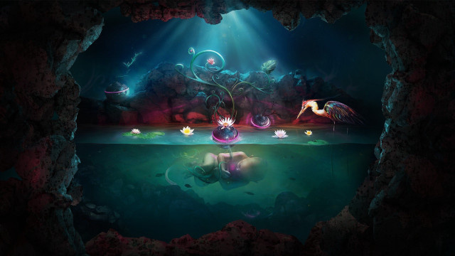 Cave woman floating man swimming free wallpaper - medium preview image