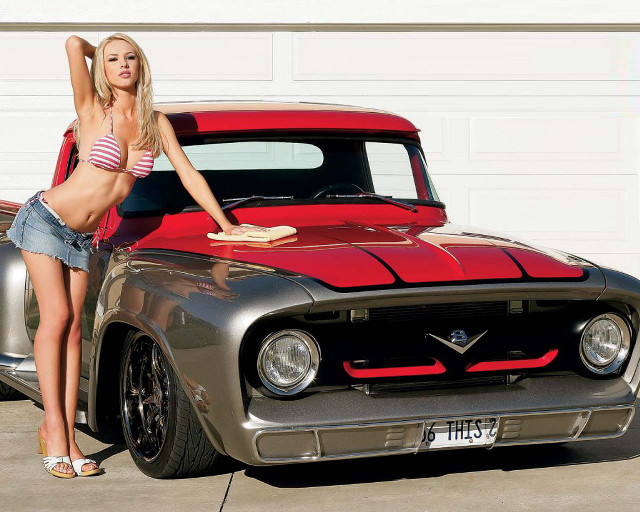 Woman leaning truck red silver free wallpaper - medium preview image
