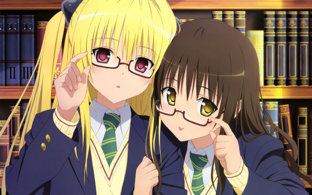 Anime girls school uniforms bookcase free wallpaper - medium preview image