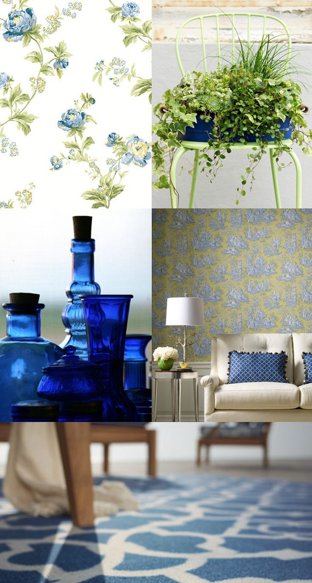 Blue vases couch wallpapered wall free wallpaper - medium preview image
