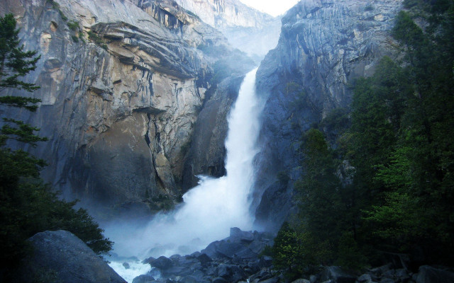 Waterfall mountain cliff trees rocks free wallpaper - medium preview image