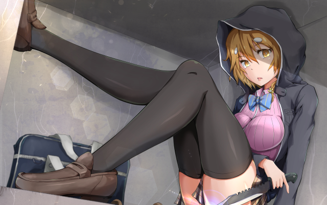 Woman black outfit hat knife free wallpaper - medium preview image