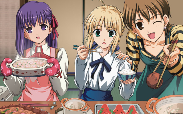 Anime girls eating food chopsticks free wallpaper - medium preview image