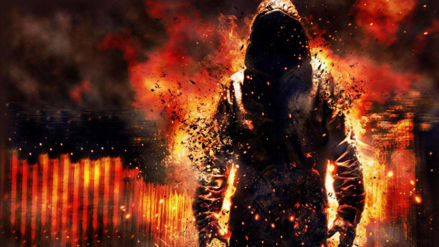 Man hooded jacket fire wall free wallpaper - medium preview image