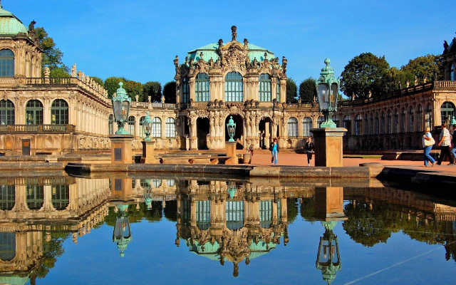 Large building pond people walking free wallpaper - medium preview image