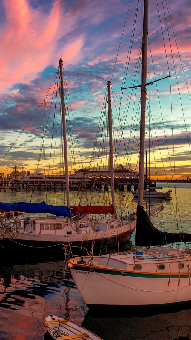 Sailboats docked pier sunset colorful free wallpaper - medium preview image