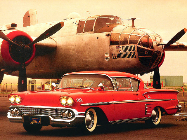 Red car airplane runway propeller free wallpaper - medium preview image