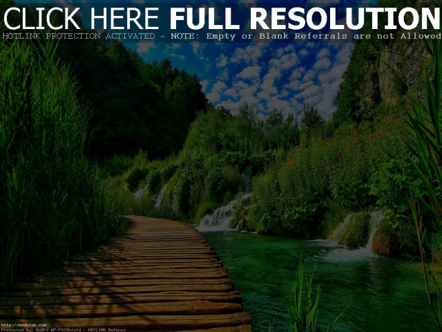 Wooden path waterfall woods caption free wallpaper - medium preview image