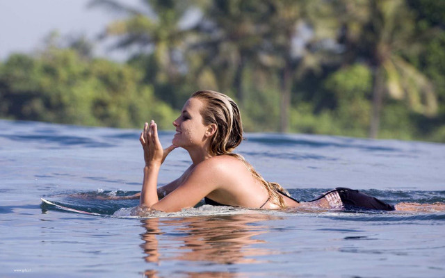 Woman bikini surfboard water hands free wallpaper - medium preview image