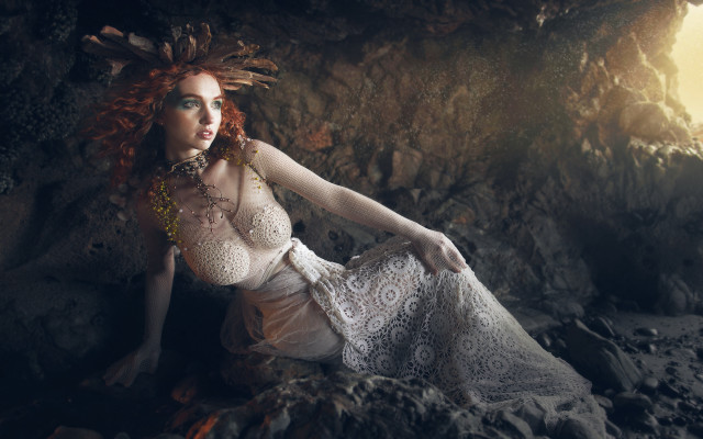 Red haired woman cave white free wallpaper - medium preview image