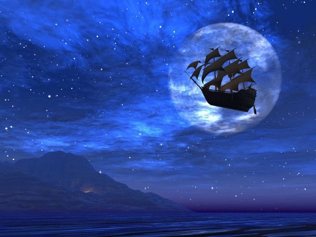 Ship floating full moon mountain free wallpaper - medium preview image