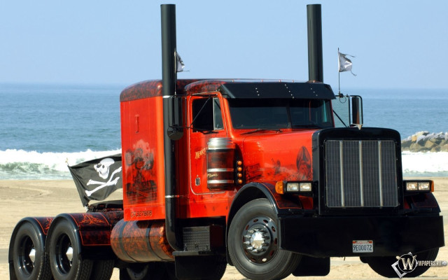 Red truck beach ocean flag free wallpaper - medium preview image