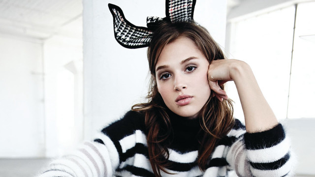 Woman striped sweater deer headband free wallpaper - medium preview image