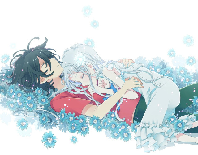 Couple lying bed flowers grass free wallpaper - medium preview image