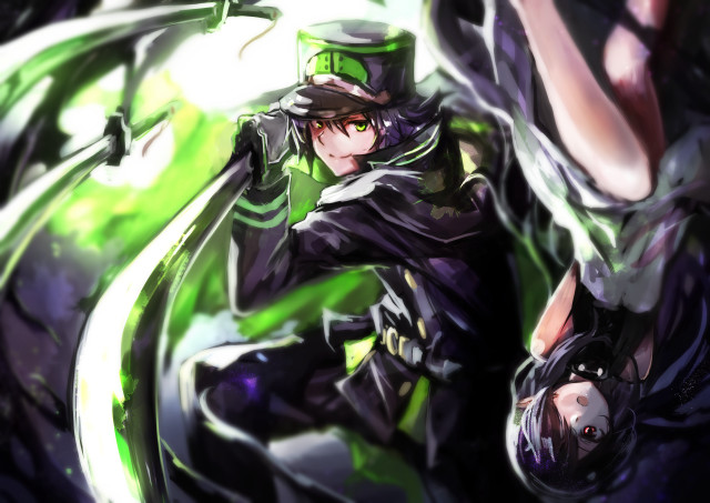 Green hat suit blurry sword free wallpaper - medium preview image