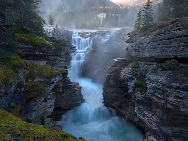 Waterfall forest fog background nature free wallpaper - medium preview image