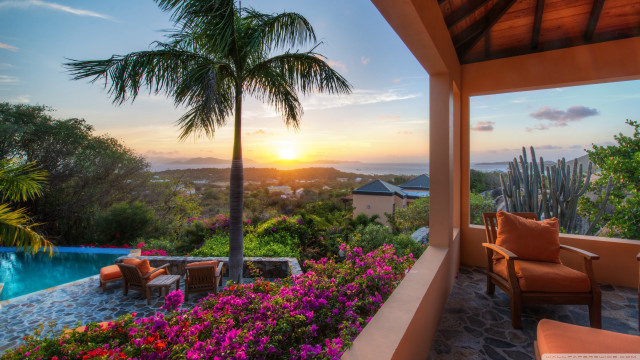 Sunset patio pool flowers palm free wallpaper - medium preview image