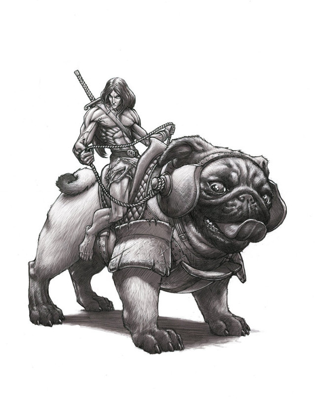 Woman riding pug sword drawing free wallpaper - medium preview image